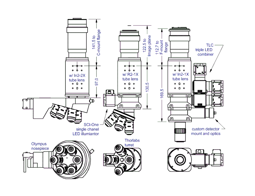 MG series microscope different configurations dimensioning