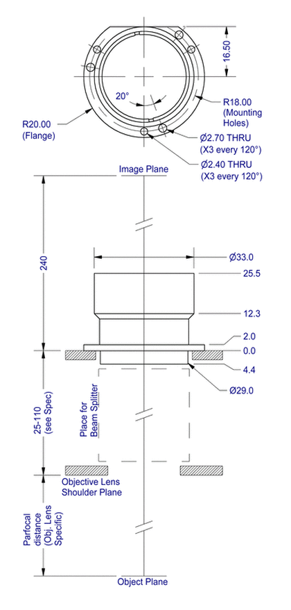 Dimensions of IN2-1X tube lens setup in optical microscope